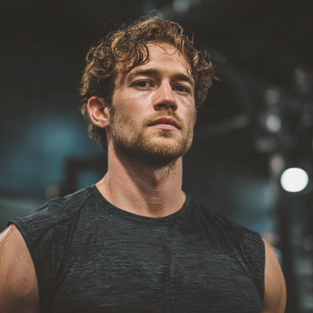 Strong confident man in gym setting focusing on personal development and physical transformation